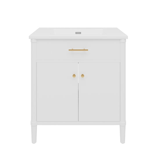 Vynxaria  31 Inch Classic White Curved Bathroom Vanity with Ceramic Sink One Complete Set Solid Wood Cabinet Soft Close Door Adjustable Shelf