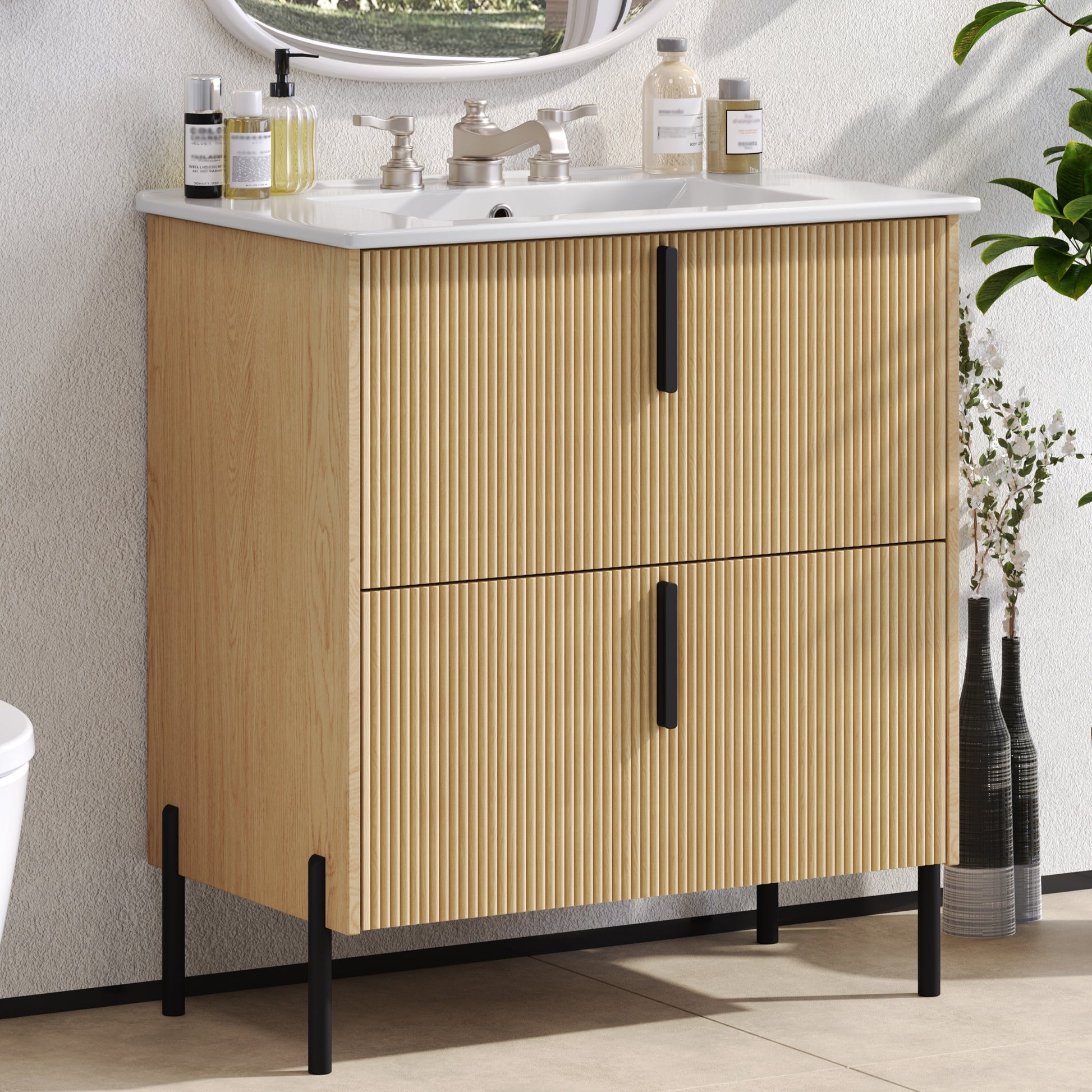 Boyel Living 30 Inch Bathroom Vanity with Ceramic Sink Full Extension Drawers Soft Close Fluted Design Natural