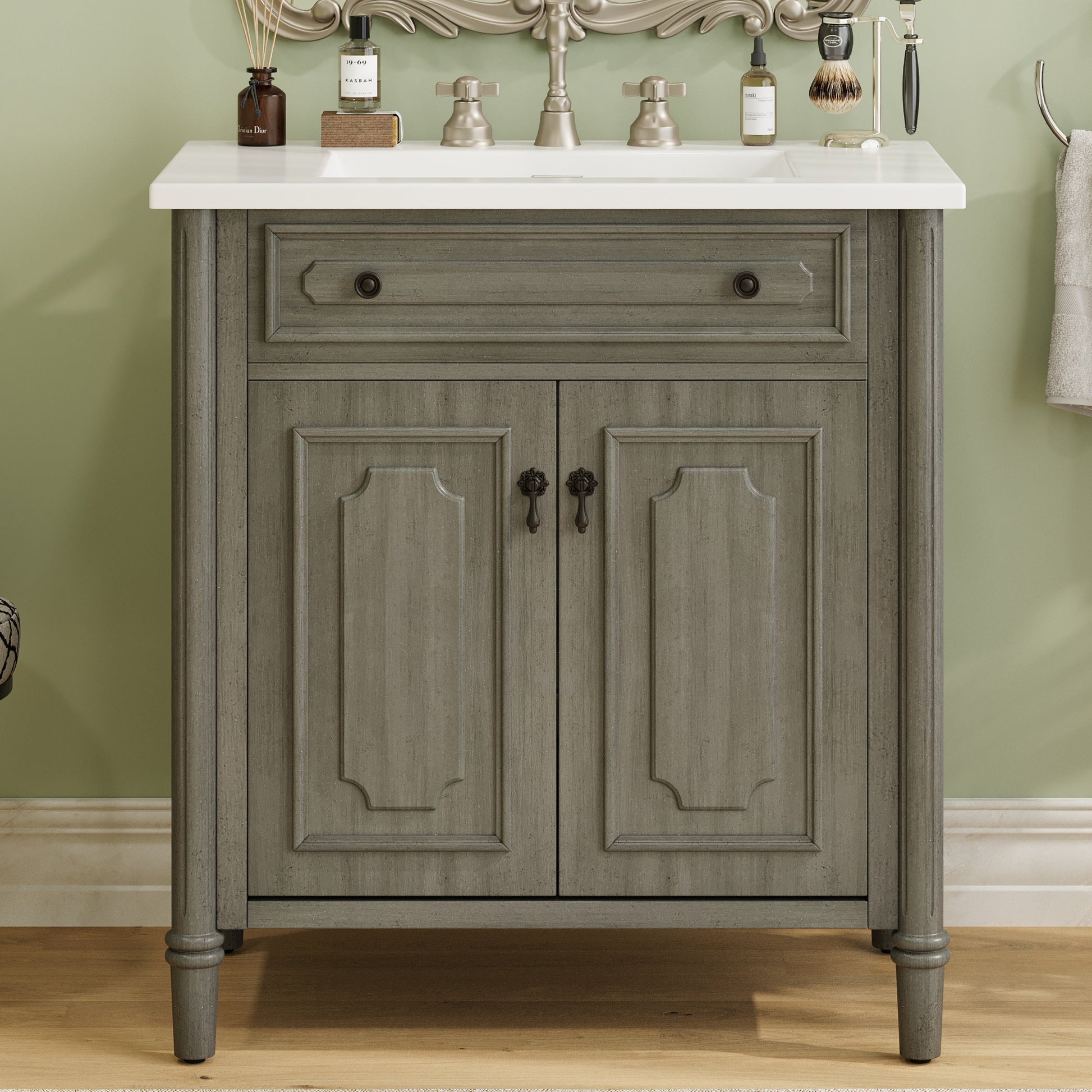 Boyel Living 31 Inch Vintage Bathroom Vanity with Sink Rustic Cabinet Soft Close Doors Adjustable Shelf Gray