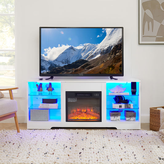 LOVMOR TV Stand Electric Fireplace TV Stand with Glass Shelves 3D Fireplace TV Stand with LED Lights Wood with USB Charging Outlet Modern Television Table Center for TV up to 32-62in White