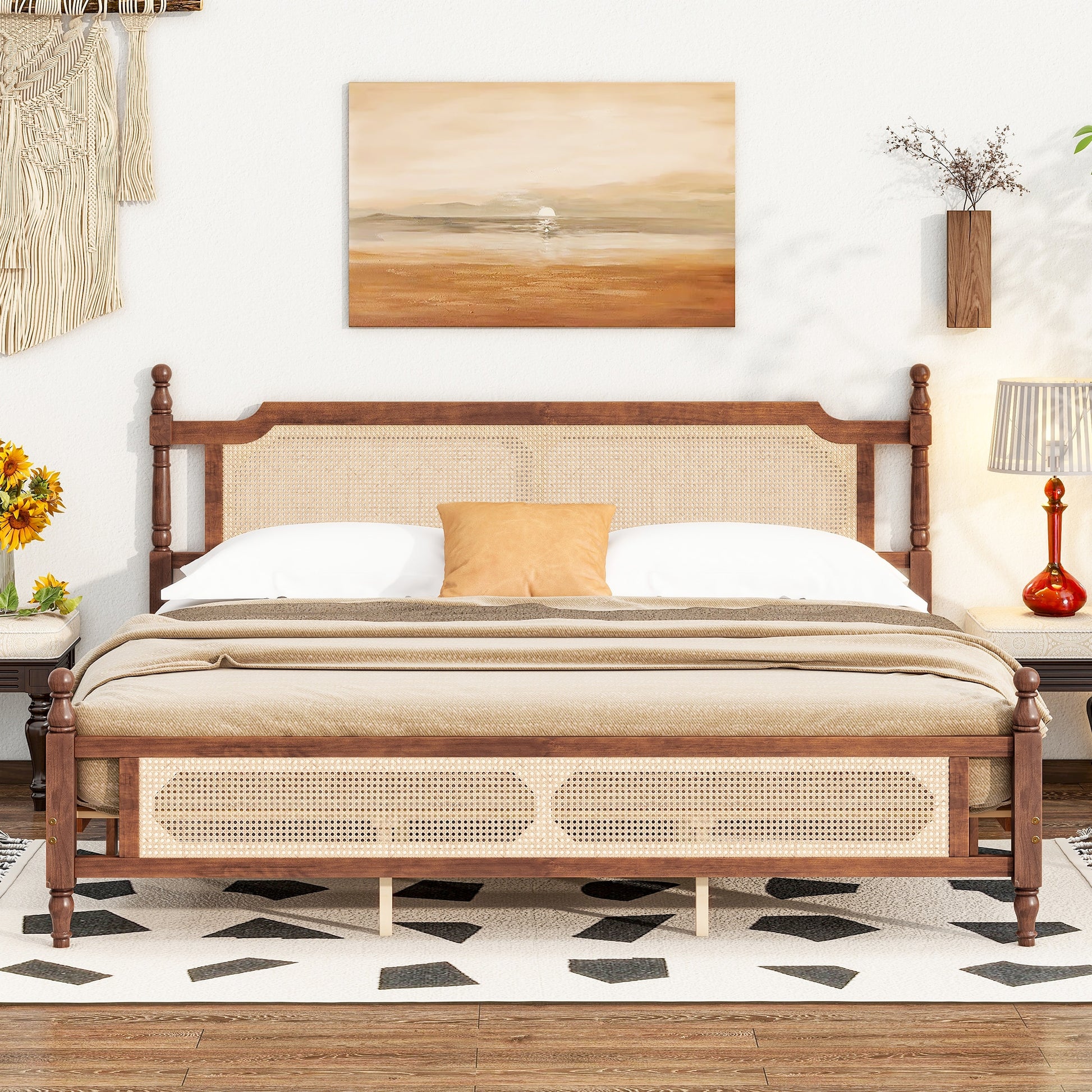 GDFStudio Pine Platform Bed with Rattan Headboard and Solid Wood Frame â€“ King â€“ Walnut Finish
