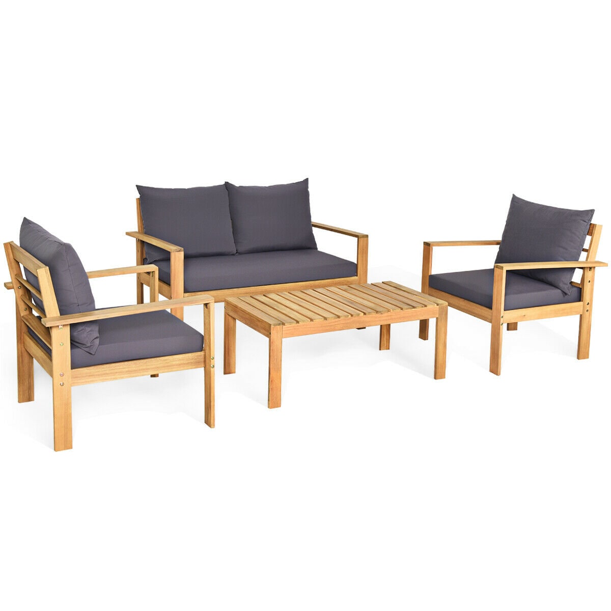 Slickblue 4-Piece Acacia Wood Patio Chat Set with Loveseat 2 Sofas and Coffee Table with Cushions for Patio Backyard Garden Balcony or Poolside