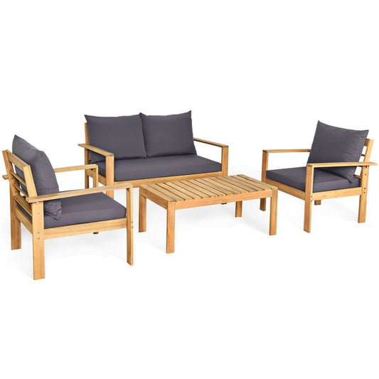 Slickblue 4-Piece Acacia Wood Patio Chat Set with Loveseat 2 Sofas and Coffee Table with Cushions for Patio Backyard Garden Balcony or Poolside