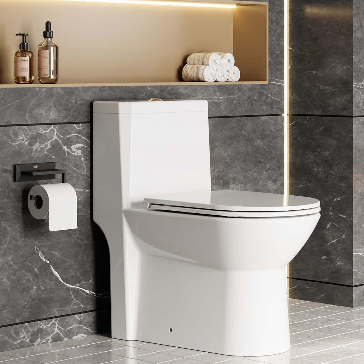 Qeetex One Piece Toilet Elongated Dual Flush 0.8/1.28 Gpf Powerful Top Flush with Soft Closing Seat and Comfortable Height Quiet Modern for Bathroom White