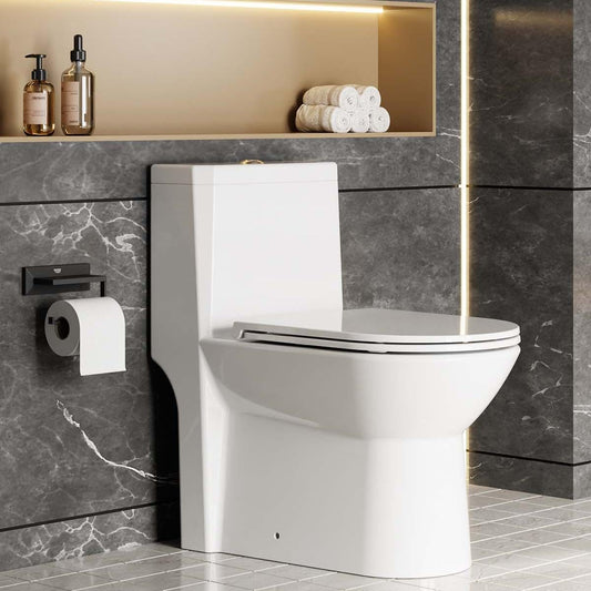 Qeetex One Piece Toilet Elongated Dual Flush 0.8/1.28 Gpf Powerful Top Flush with Soft Closing Seat and Comfortable Height Quiet Modern for Bathroom White