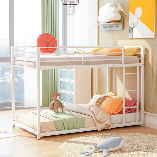 Tatayosi White Twin over Twin Metal Low Bunk Bed with Ladder