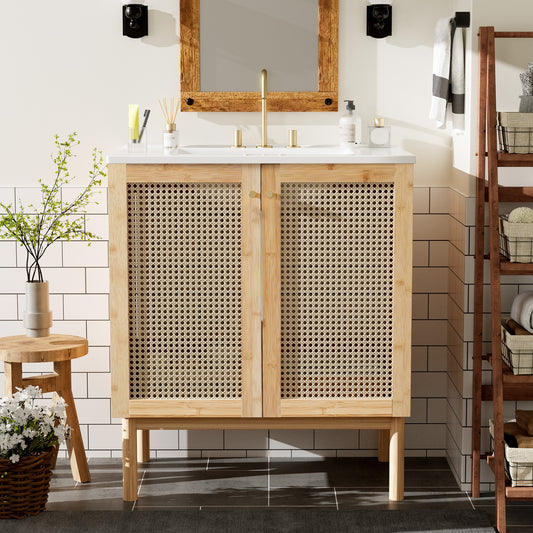 LOVMOR 30inch bathroom vanity crafted from natural materials featuring handmade rattan doors and softclosing mechanisms