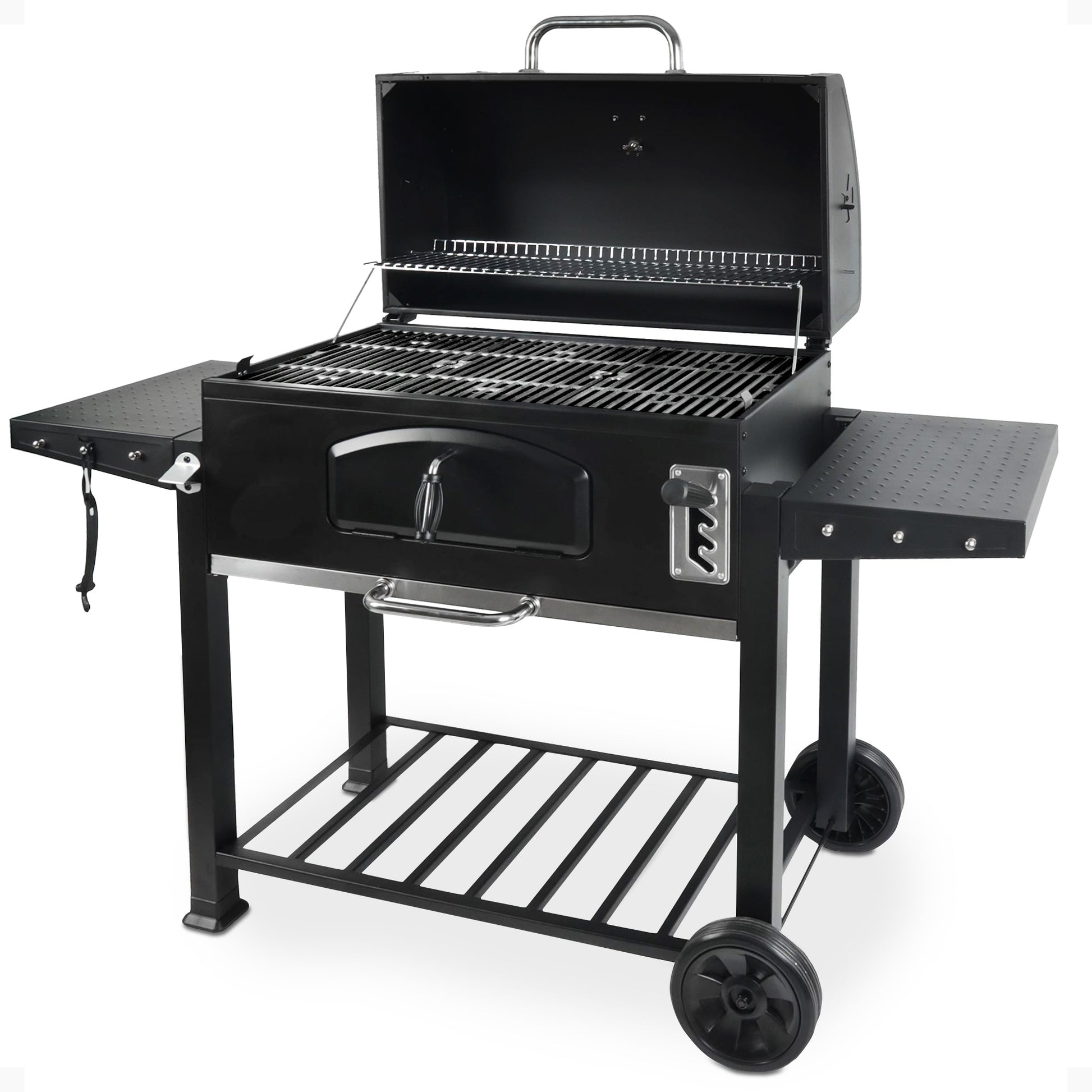 Grill Boss  32 Inch Charcoal BBQ Grill  Side Shelves  Built In Thermometer  Black