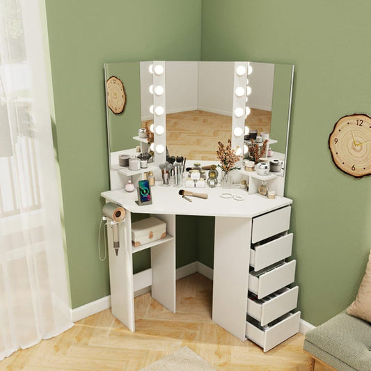 Tatayosi Corner Vanity Desk with 3-Color LED Lighted Mirror and Power Outlet