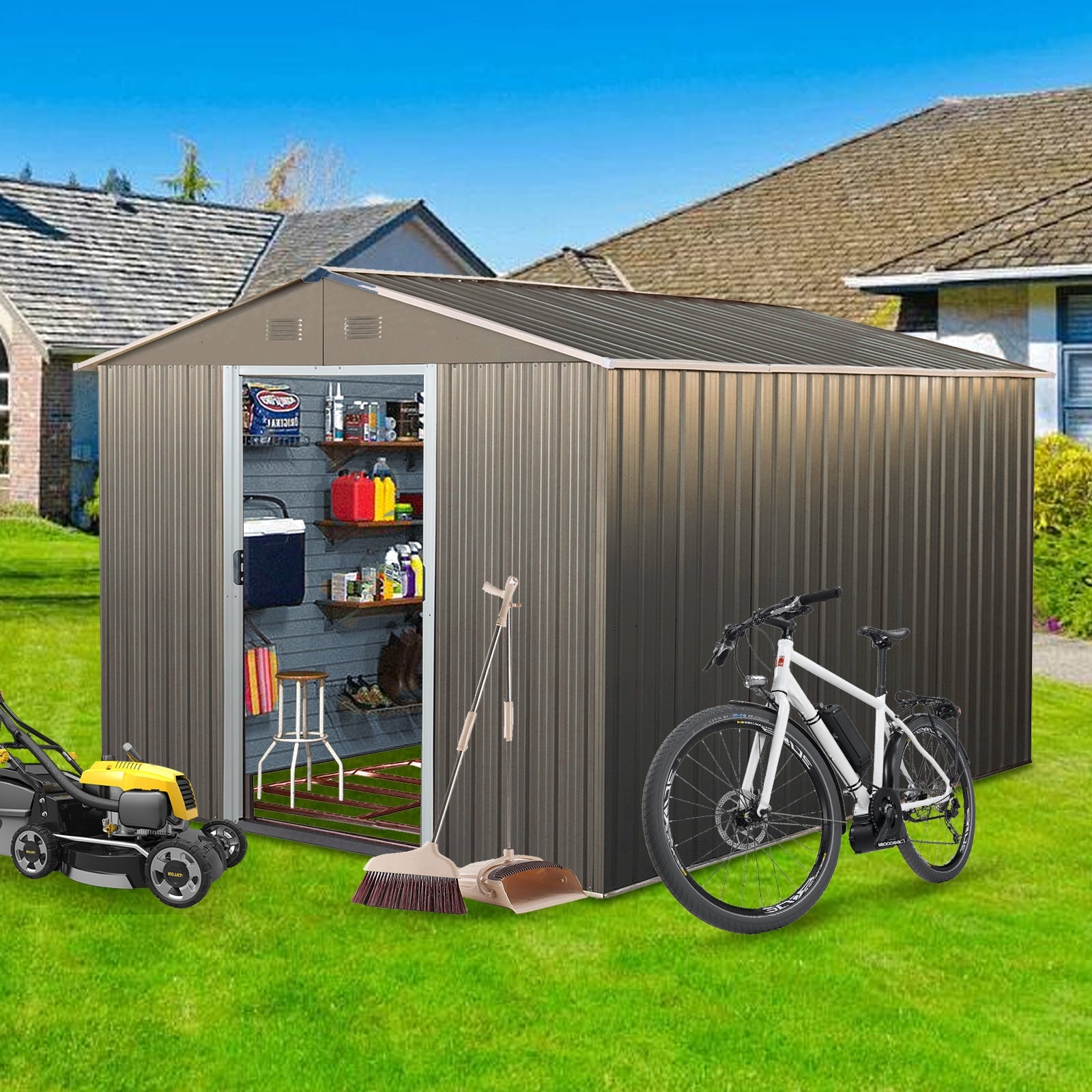 Tatayosi 8x10ft Outdoor Metal Storage Shed with metal foundation Gray
