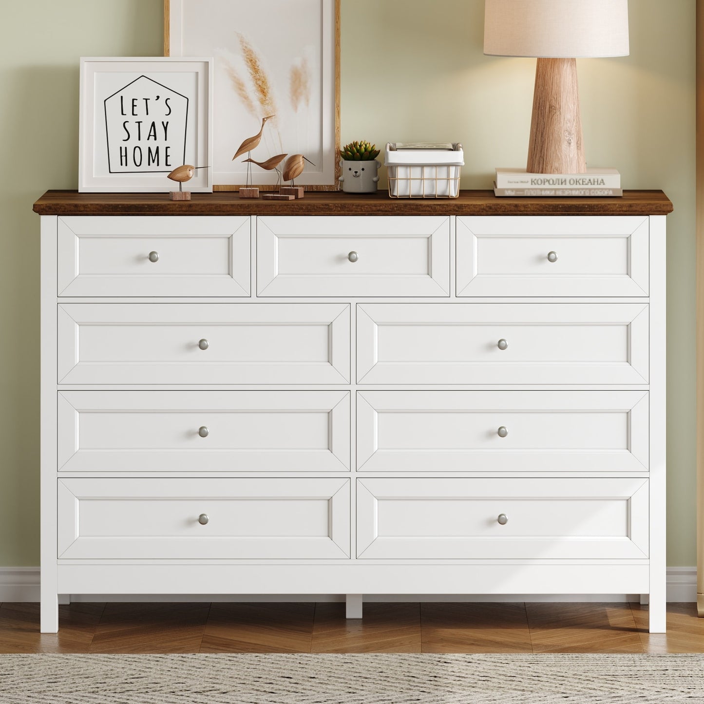 LOVMOR Wood Rustic Storage Dresser with 9 Drawers and Silver Handle  White