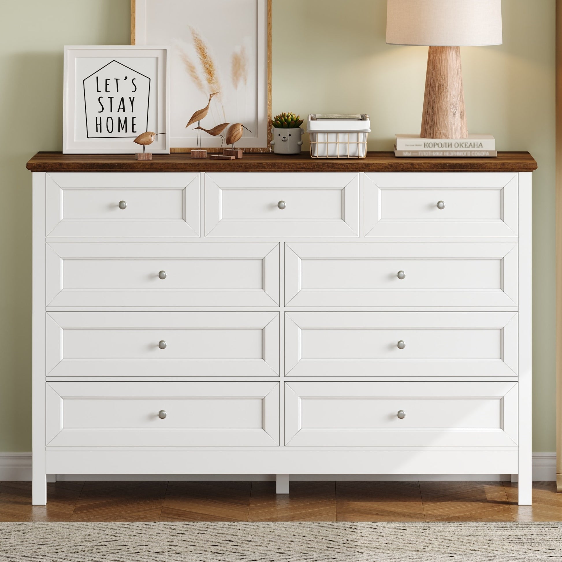 LOVMOR Wood Rustic Storage Dresser with 9 Drawers and Silver Handle  White