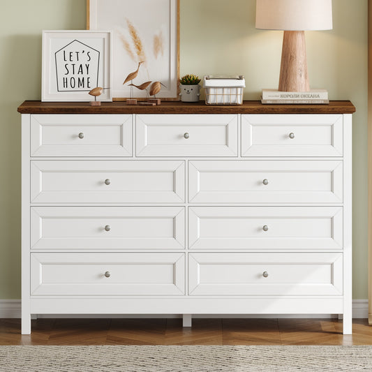 LOVMOR Wood Rustic Storage Dresser with 9 Drawers and Silver Handle  White