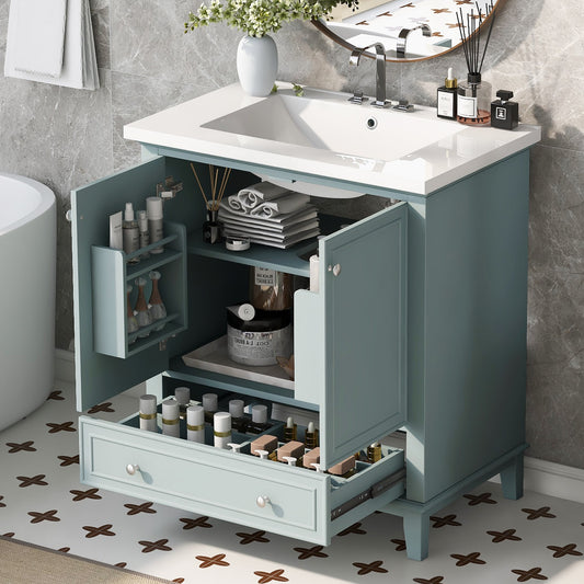 LOVMOR 30 inch Bathroom Vanity with Sink Combo Multifunctional Bathroom Cabinet with Doors and Drawer Solid Frame and MDF Board Green