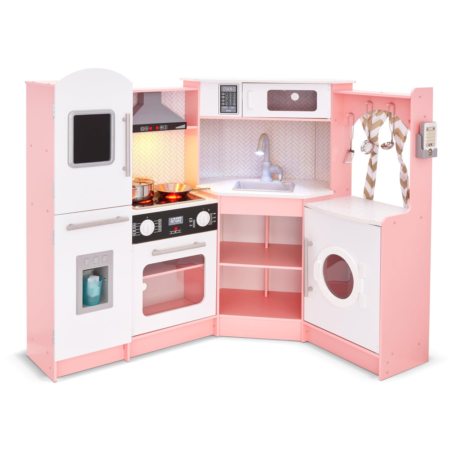 Jumbl Corner Kids Kitchen Playset - Pretend Kids Wooden Kitchen with Stovetop - Faucet and More - Pink