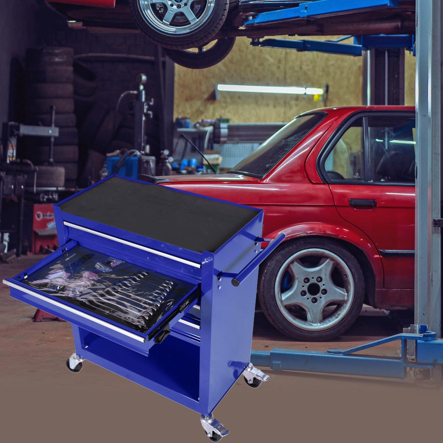 GDFStudio 4 Drawer Rrolling Tool Box 24.4 Inches with 4 Wheels and Drawers with Tools For Garage Warehouse Workshop Shop Blue