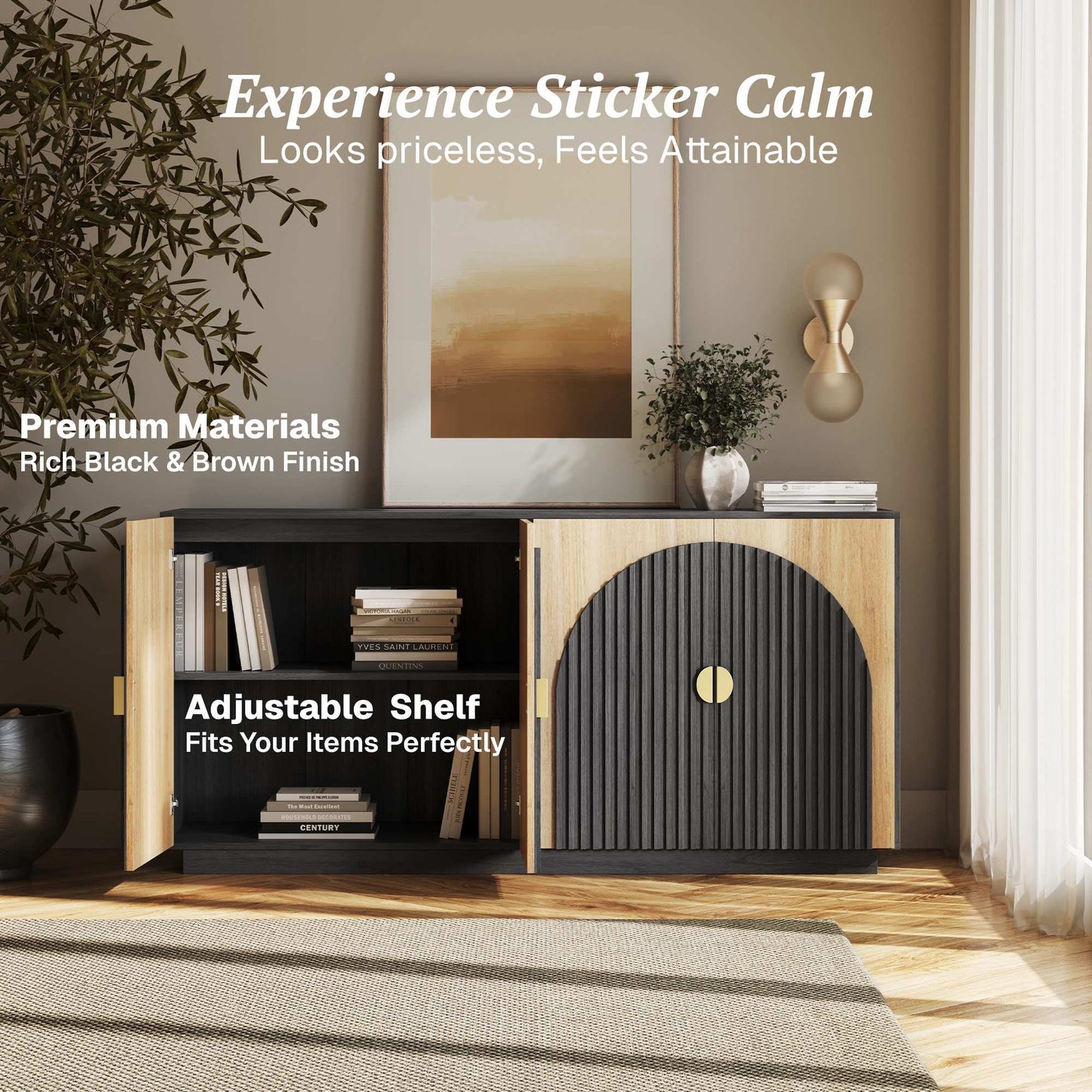 Belleze  Caramel 65 Inch Fluted Buffet Cabinet with Storage