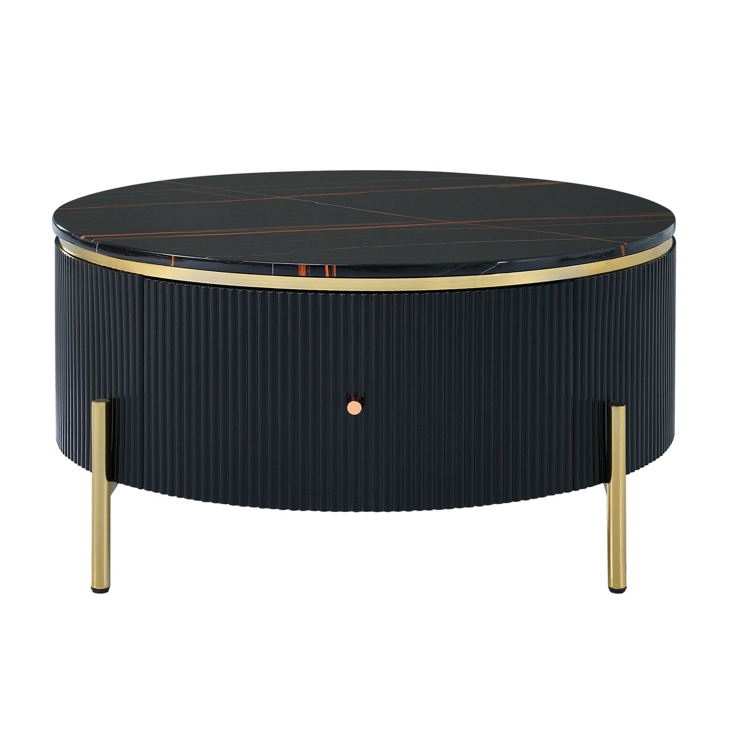 Boyel Living Black Modern Round Coffee Table with 2 large Drawers Storage Accent and Golden Leg