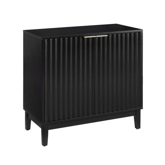 Vynxaria  Mid Century Modern 2 Door Storage Cabinet   Black Finish  Fluted Fronts   Brass Handles  Easy Assembly for Entryway Dining Media