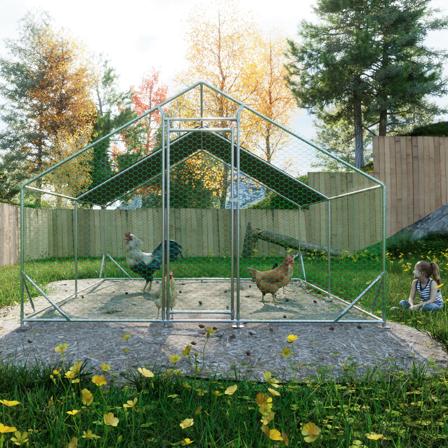 GDFStudio Anderson Galvanized Walk-in-Chicken Coop 10X13X6.56Ft Large Metal Outdoor Poultry Run