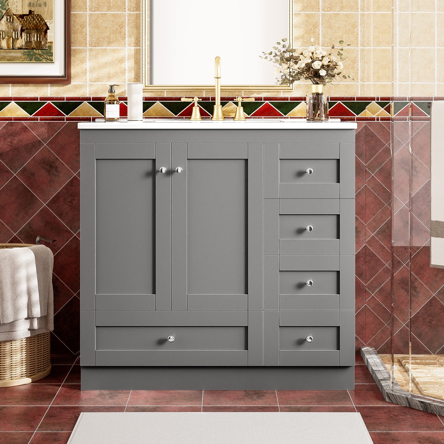 GDFStudio Cole Shaker Style 36 Inch Freestanding Bathroom Vanity with Ceramic Sink and 4-Drawers