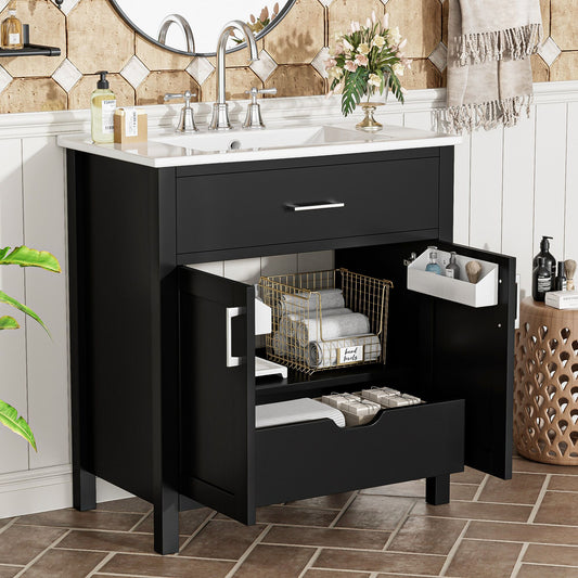 GDFStudio Nora 30-inch Bathroom Vanity with Ceramic Sink and Ample Storage - Black