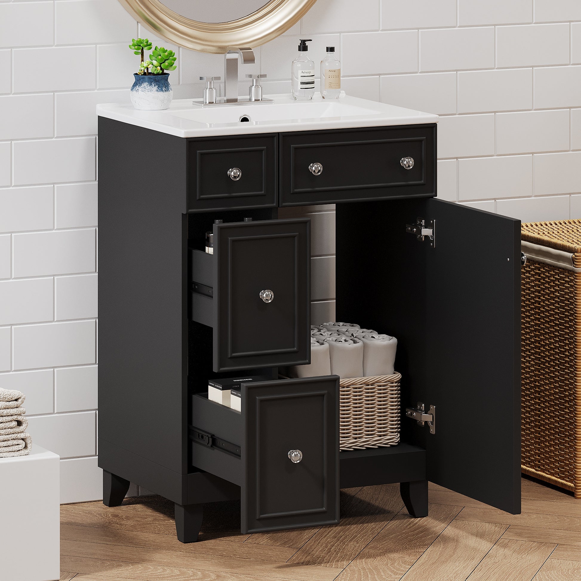 GDFStudio Aria 24-inch Bathroom Vanity Cabinet with Ceramic Sink and Soft-close Doors and Drawer - Black