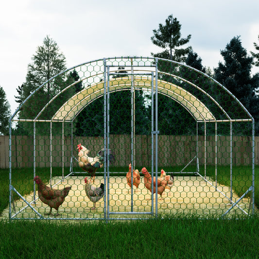 GDFStudio Anderson Galvanized Walk-in-Chicken Coop 26X9X6Ft Flat Shape Outdoor Chicken Rabbit Duck
