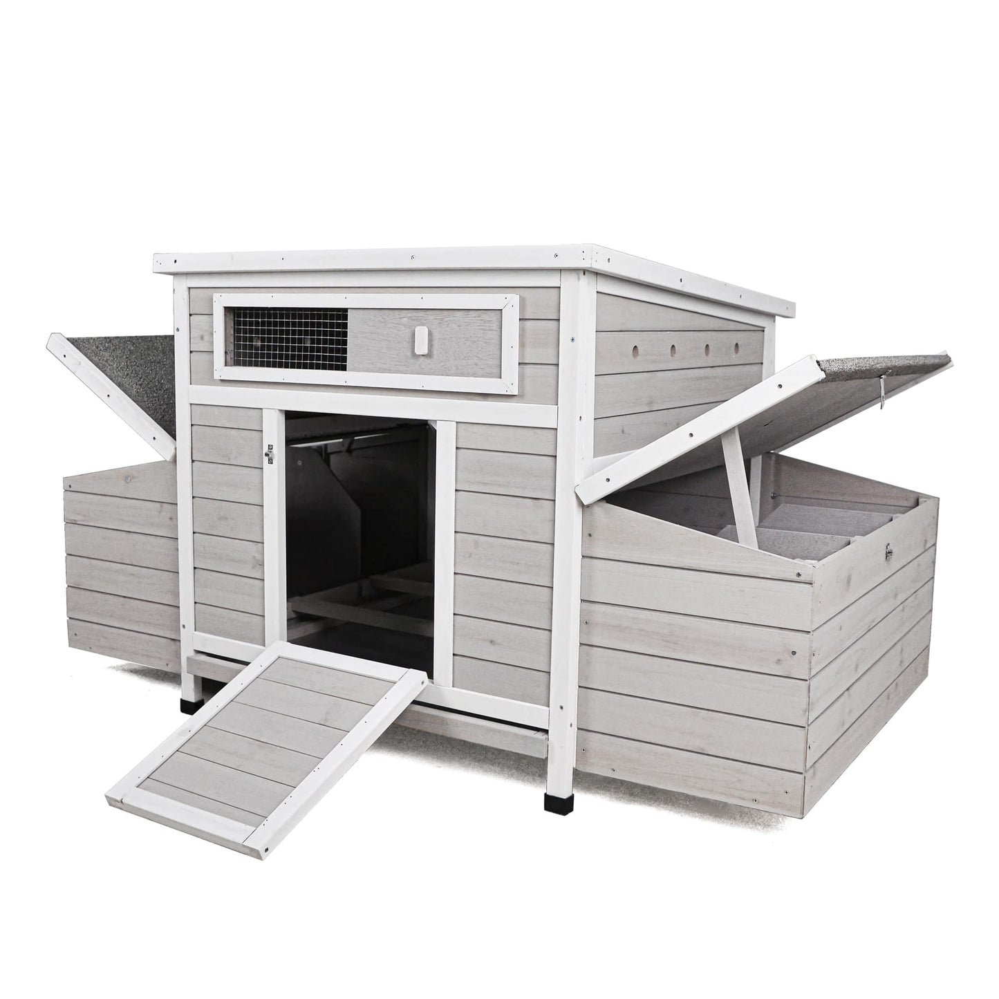 Vynxaria  35in H x 72in W x 25in D Deluxe Chicken Coop Gray White Matte 1 Pack Large Wooden Chicken Coop