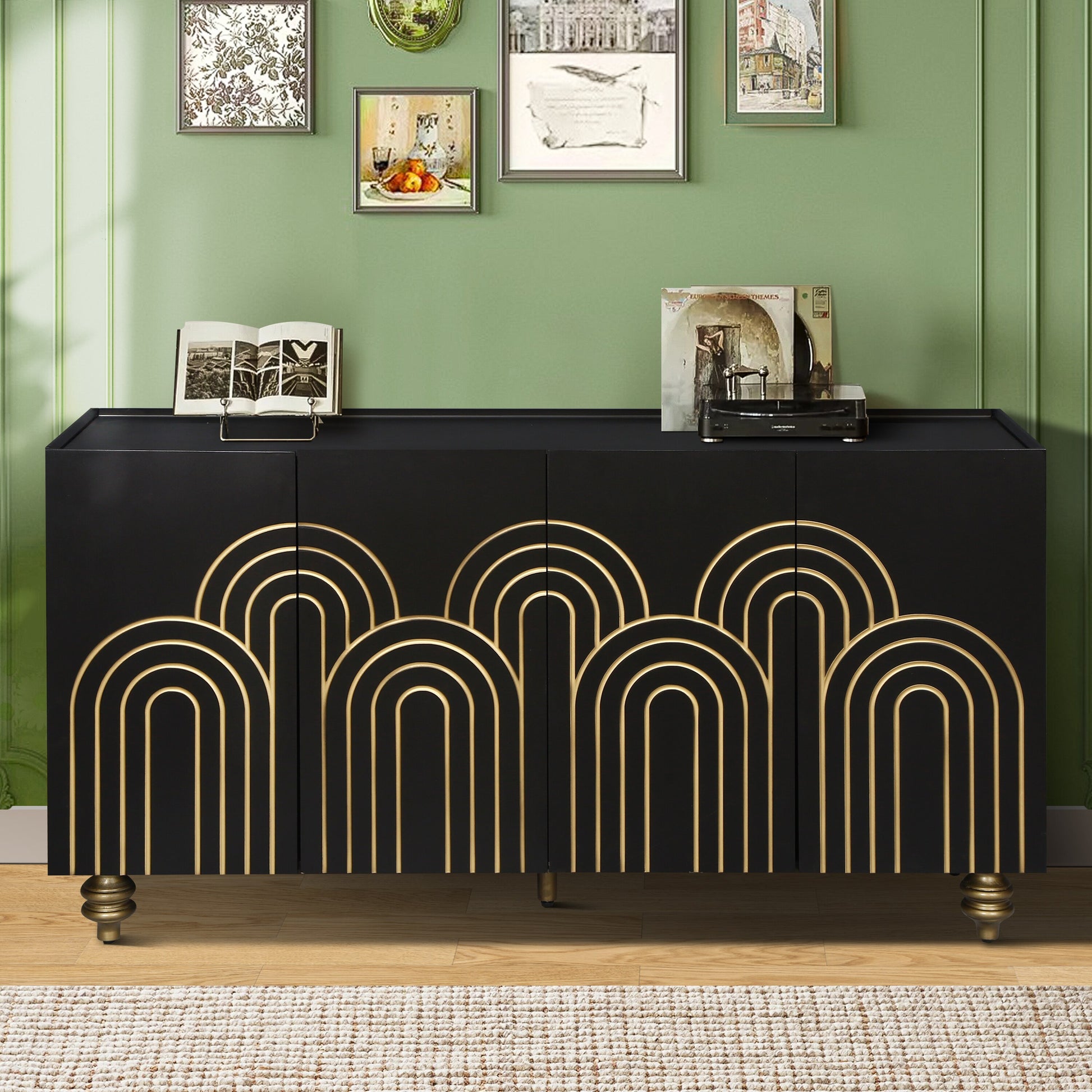LOVMOR Modern Fluted Sideboard Buffet with Storage Curve Element with Strict Lines 4 Doors Storage Cabinet with Adjustable Shelves for Kitchen Dining Room Living Room Black