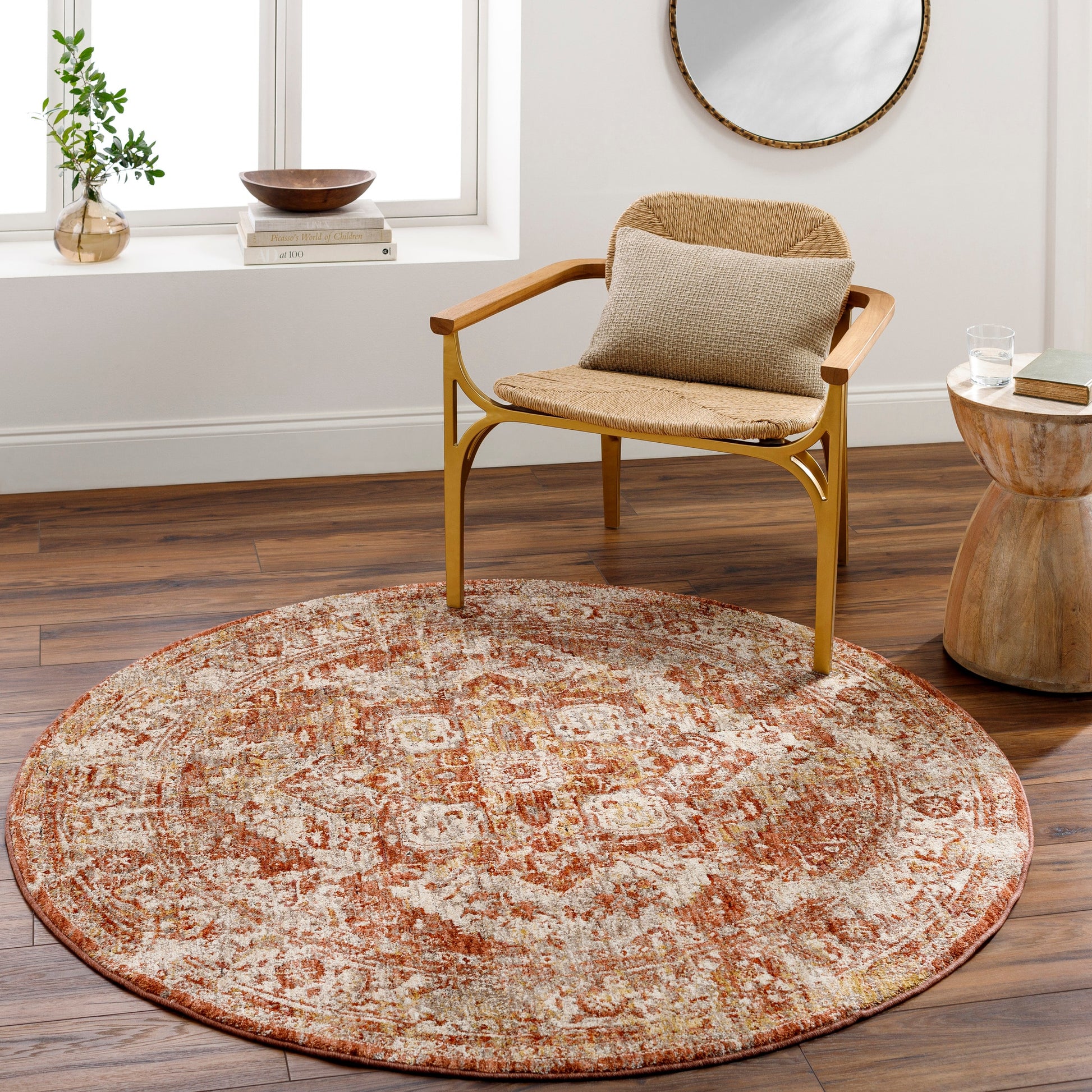 Livabliss Mirabel 5 x 5 (ft) Flatweave Polyester Burnt Orange Round Indoor Medallion Global Spot Clean Only Pet Friendly Area rug