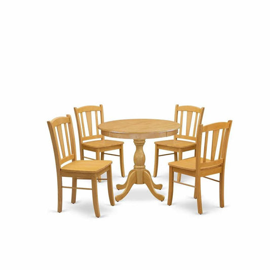 East West Furniture 5 Piece Dining Room Table Set  4 dining room chairs and Kitchen Dining Table Wooden Seat and Slatted Chair Back Oak Finish