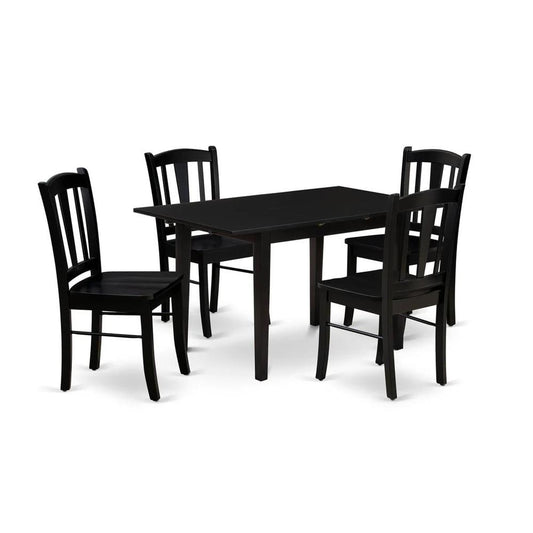 East West Furniture 5 Piece Kitchen Table Set  4 Wood Chair with Wooden Seat and Slatted Chair Back Butterfly Leaf Rectangular Dining Table Black Finish