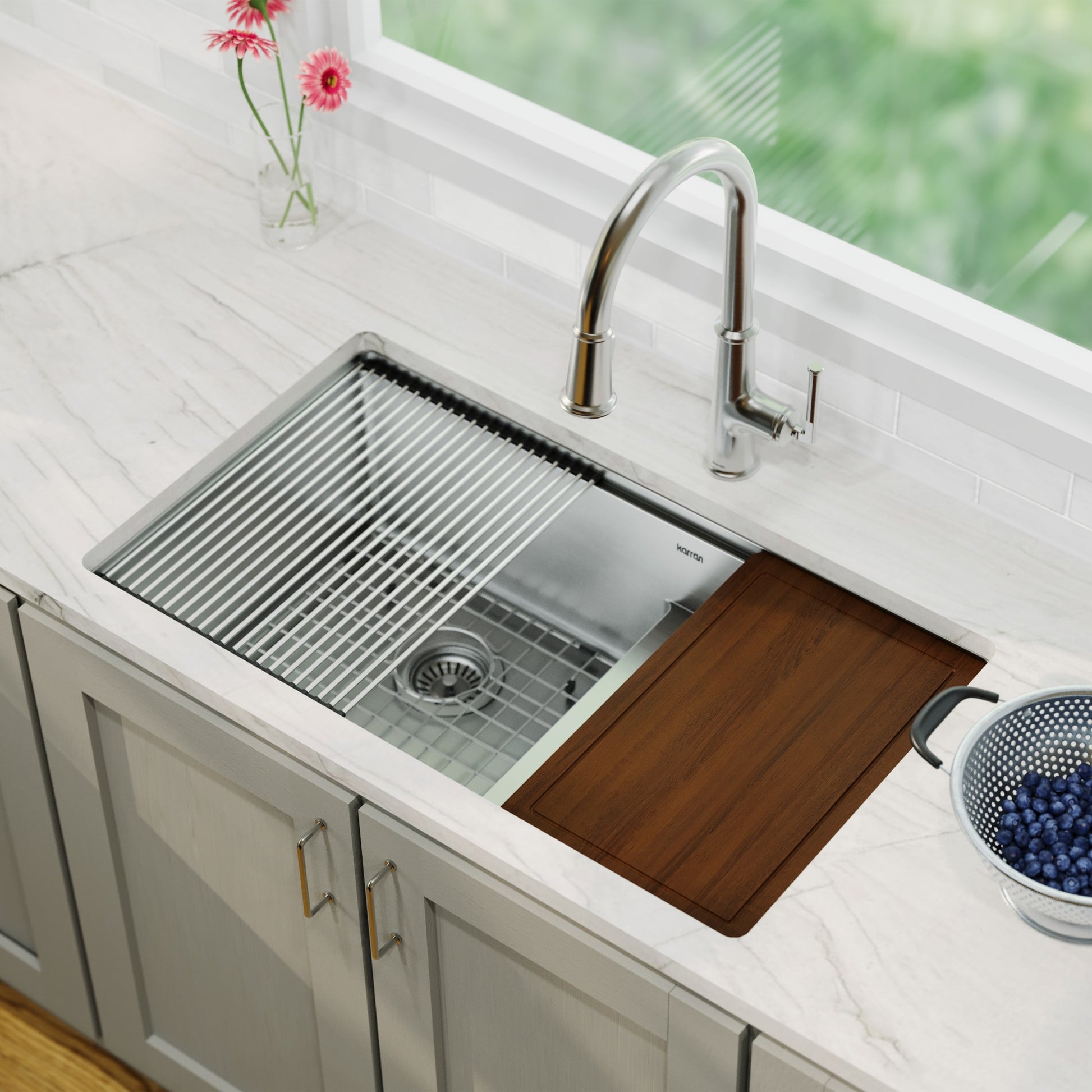 Karran Undermount 32-in x 19-in Stainless steel Double offset bowl 16 -Gauge Workstation Kitchen Sink