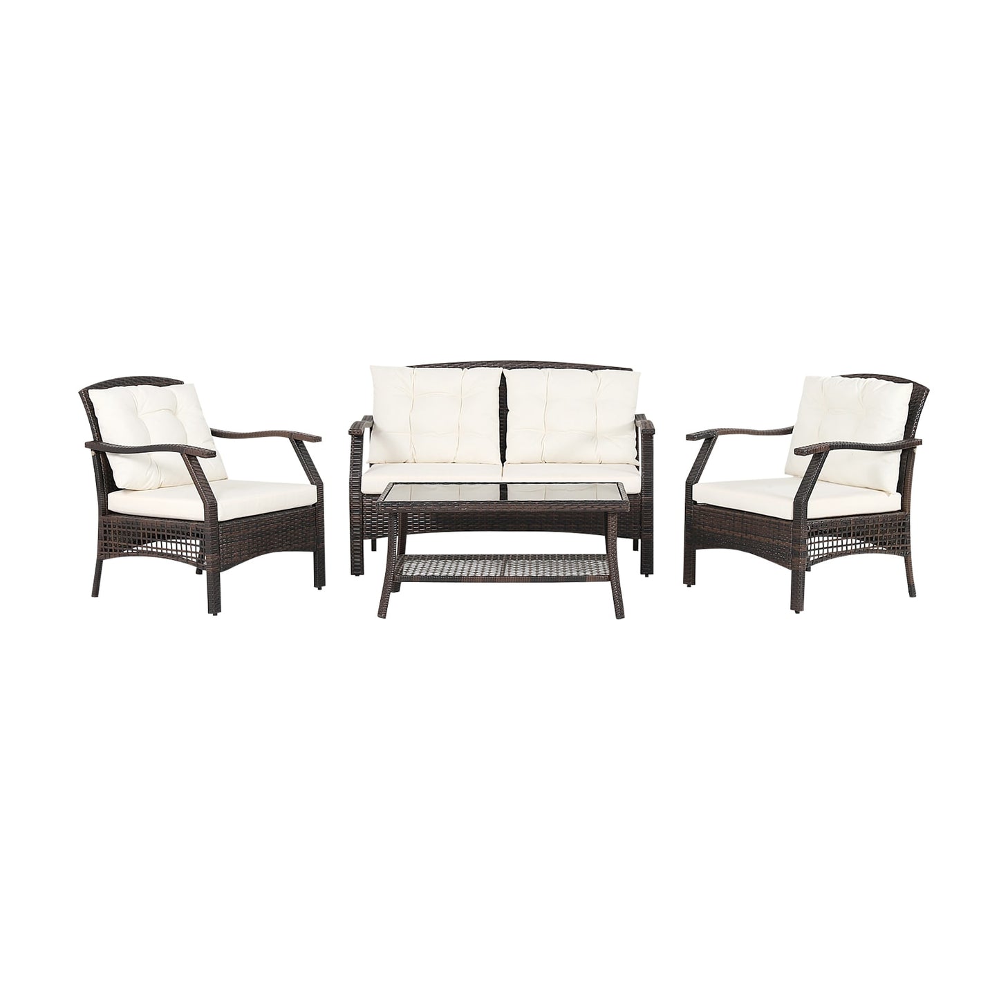 Slickblue 4-Piece Rattan 1-Loveseat 2-Sofa Patio Conversation Set with Off-White Cushions - Water-Resistant Cover for Patio - Poolside or Balcony