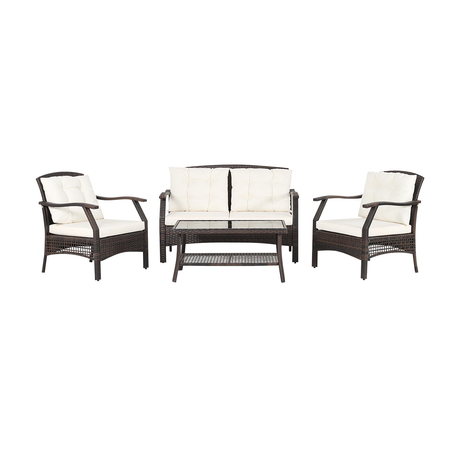 Slickblue 4-Piece Rattan 1-Loveseat 2-Sofa Patio Conversation Set with Off-White Cushions - Water-Resistant Cover for Patio - Poolside or Balcony