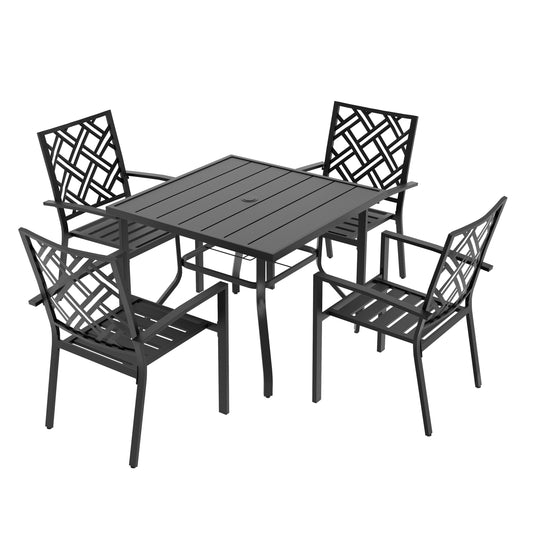 Nuu Garden Patio Dining Set 5 -Piece Black Patio Dining Set Iron Square Table with 4 Stackable Stationary Chairs