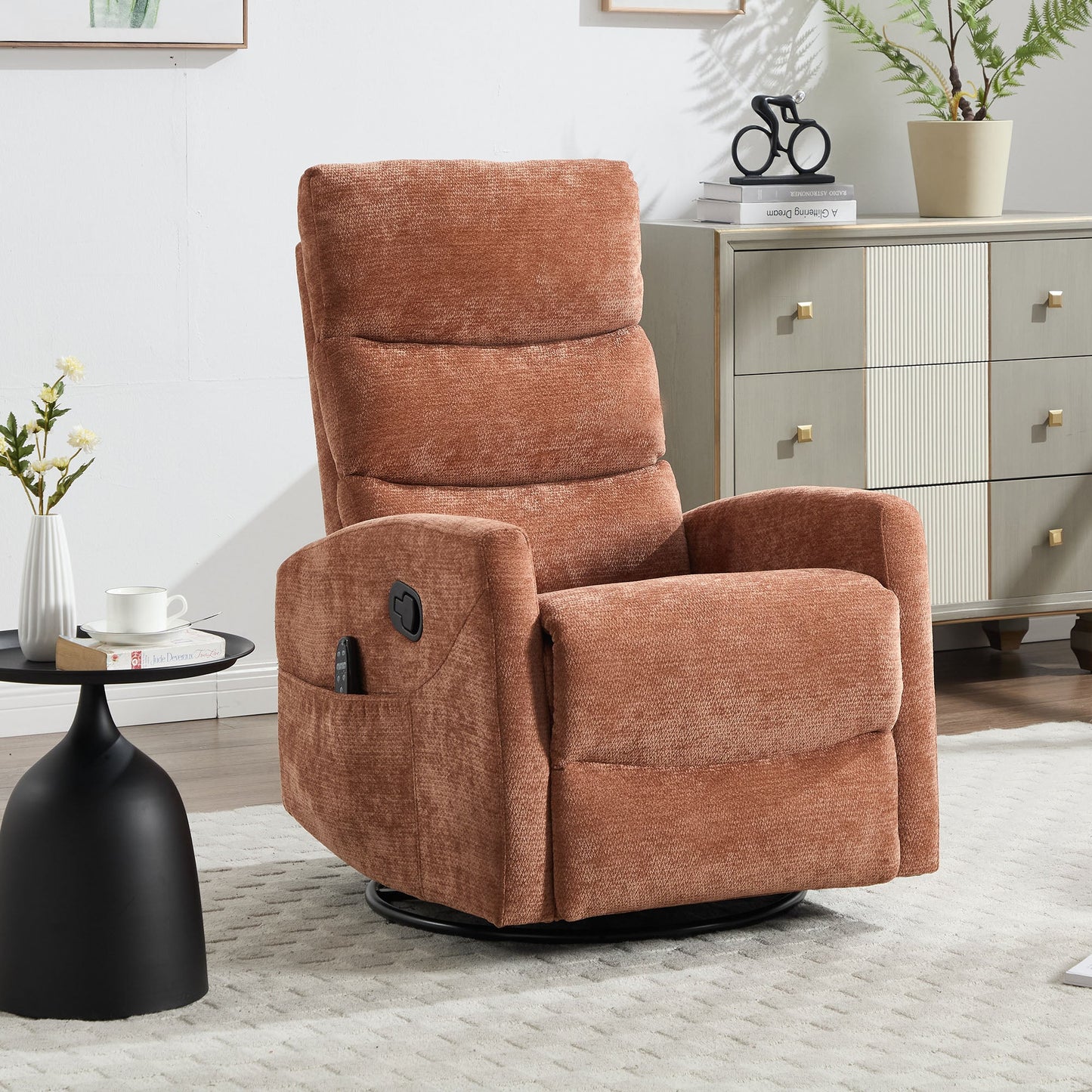 Boyel Living Orange Chenille Fabric Heat Massage Manual Recliner Chair with Rocker and Swivel for Living Room