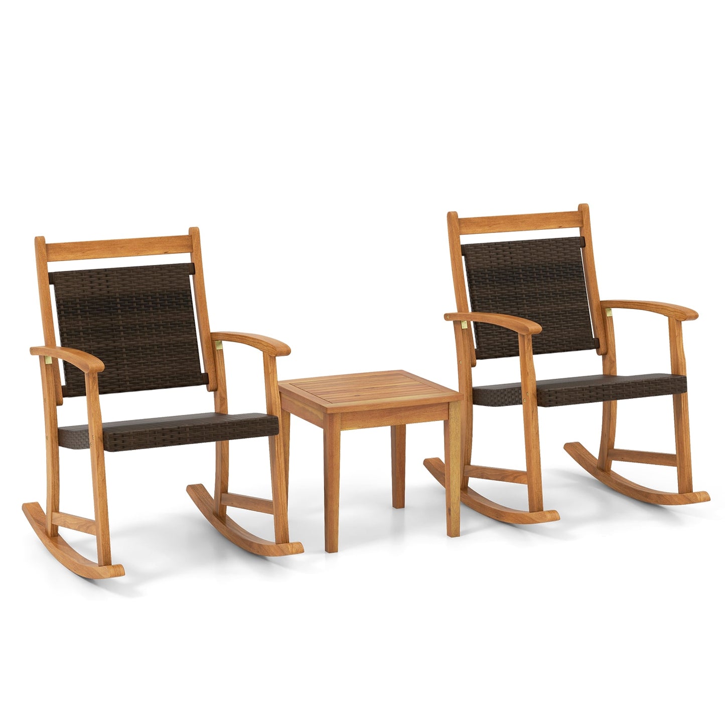 Slickblue 3-Piece Acacia Wood Patio Rocking Chair Set with 2 Chairs and 1 Side Table for Backyard Garden or Patio- Reddish Brown