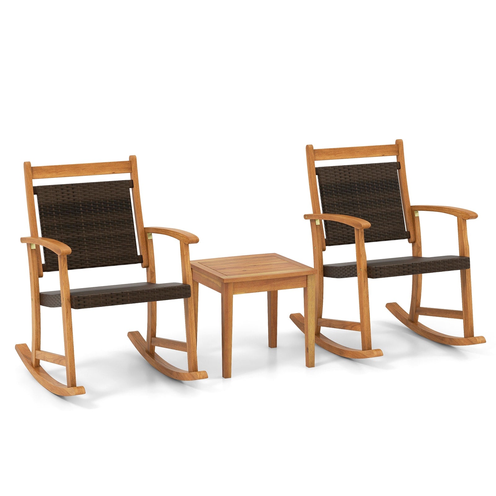 Slickblue 3-Piece Acacia Wood Patio Rocking Chair Set with 2 Chairs and 1 Side Table for Backyard Garden or Patio- Reddish Brown