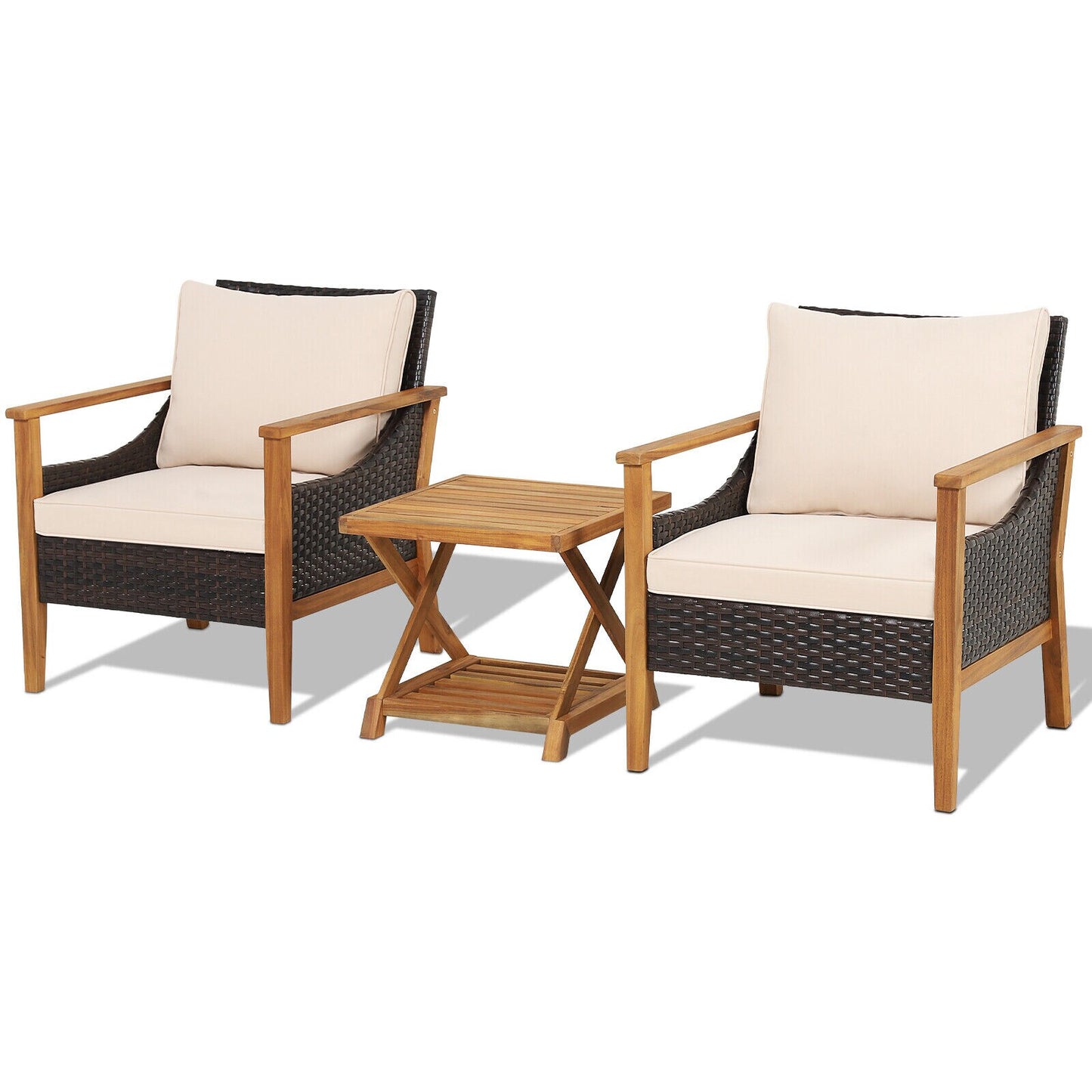 Slickblue 3-Piece Mix Brown Wicker Patio Set with 2 Cushioned Armchairs and 2-Tier X- Shaped Acacia Wood Side Table for Backyard Patio or Balcony