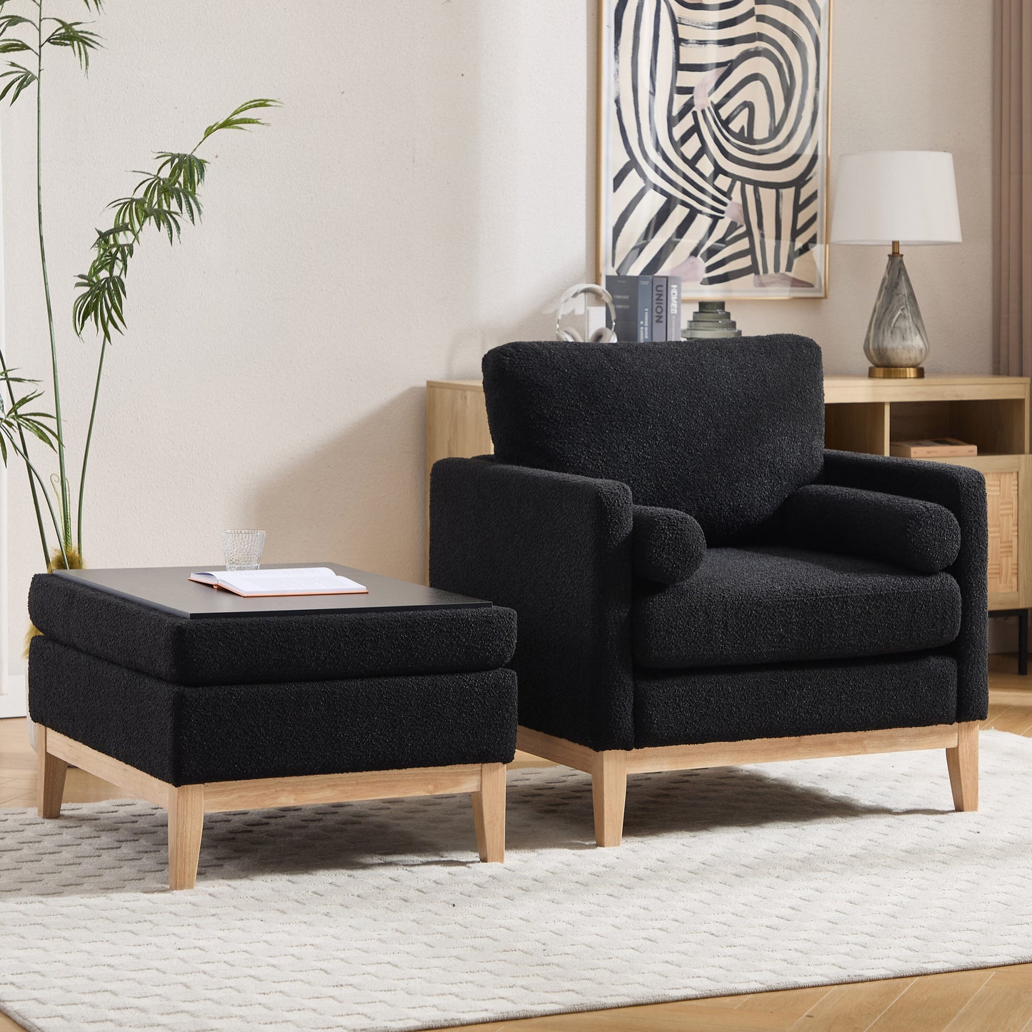 Hrinhom 35.4-in W Modern Black/Natural Legs Boucle Accent Armchair