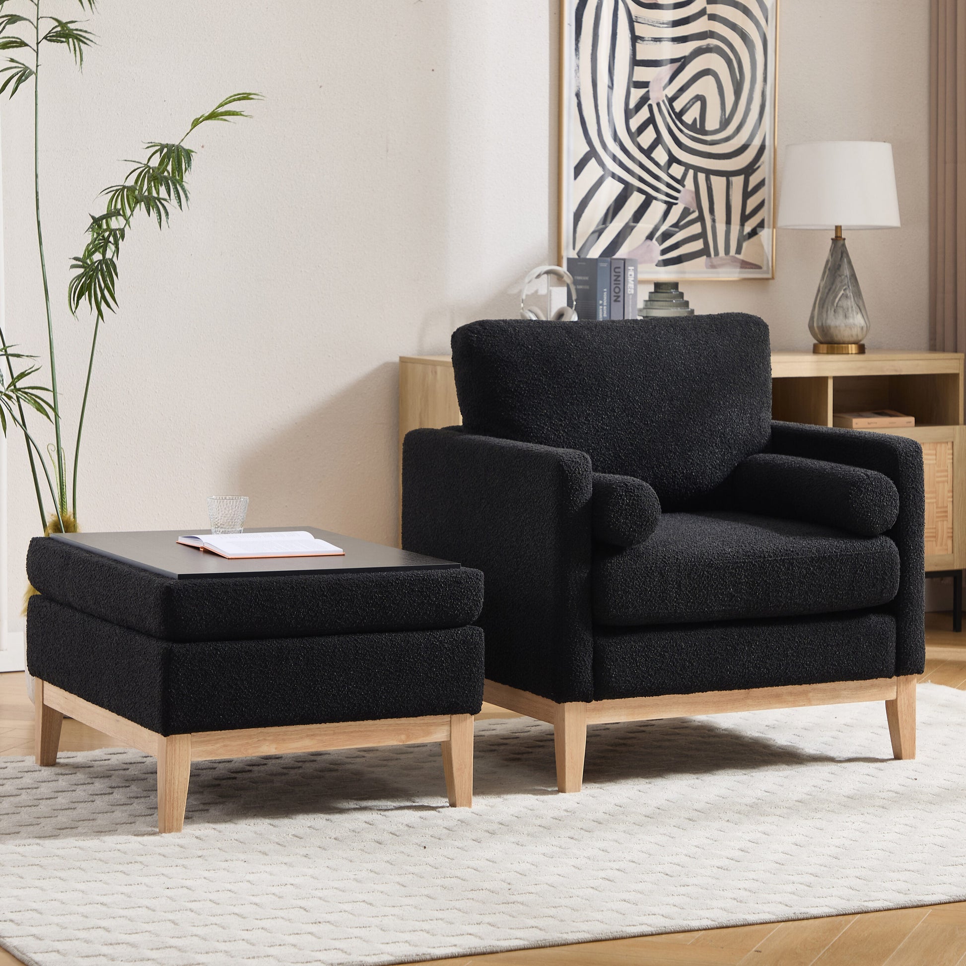 Hrinhom 35.4-in W Modern Black/Natural Legs Boucle Accent Armchair
