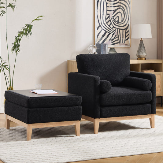Hrinhom 35.4-in W Modern Black/Natural Legs Boucle Accent Armchair