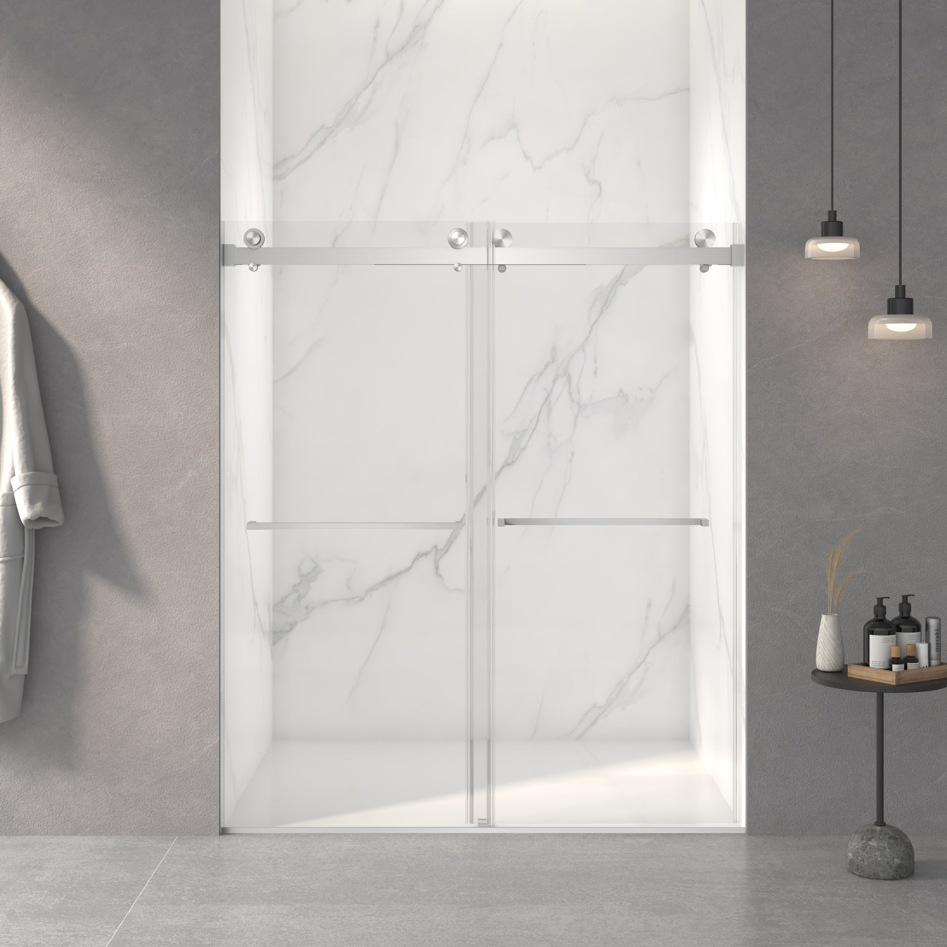 Tatayosi 56-60W x 70H Inches Frameless Double Sliding Shower Door 5/16 Inches (8mm) Thick SGCC Tempered Clear GlassDouble Side Easy Clean CoatBrushed Nickel Finished With Buffer