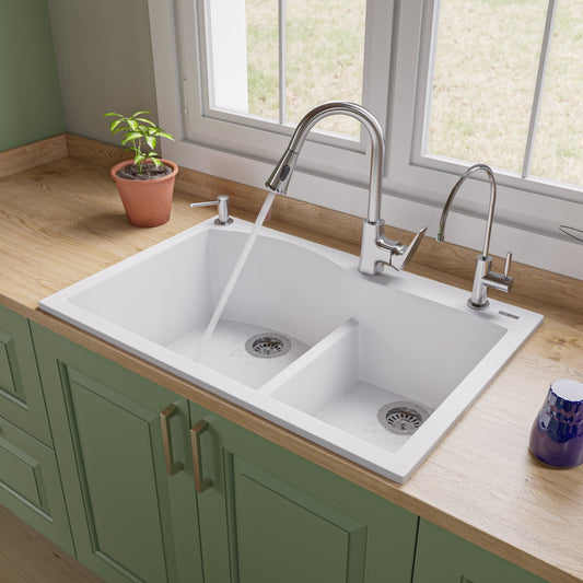 ALFI AB3320DI-W White 33-in Double Bowl Drop In Granite Composite Kitchen Sink