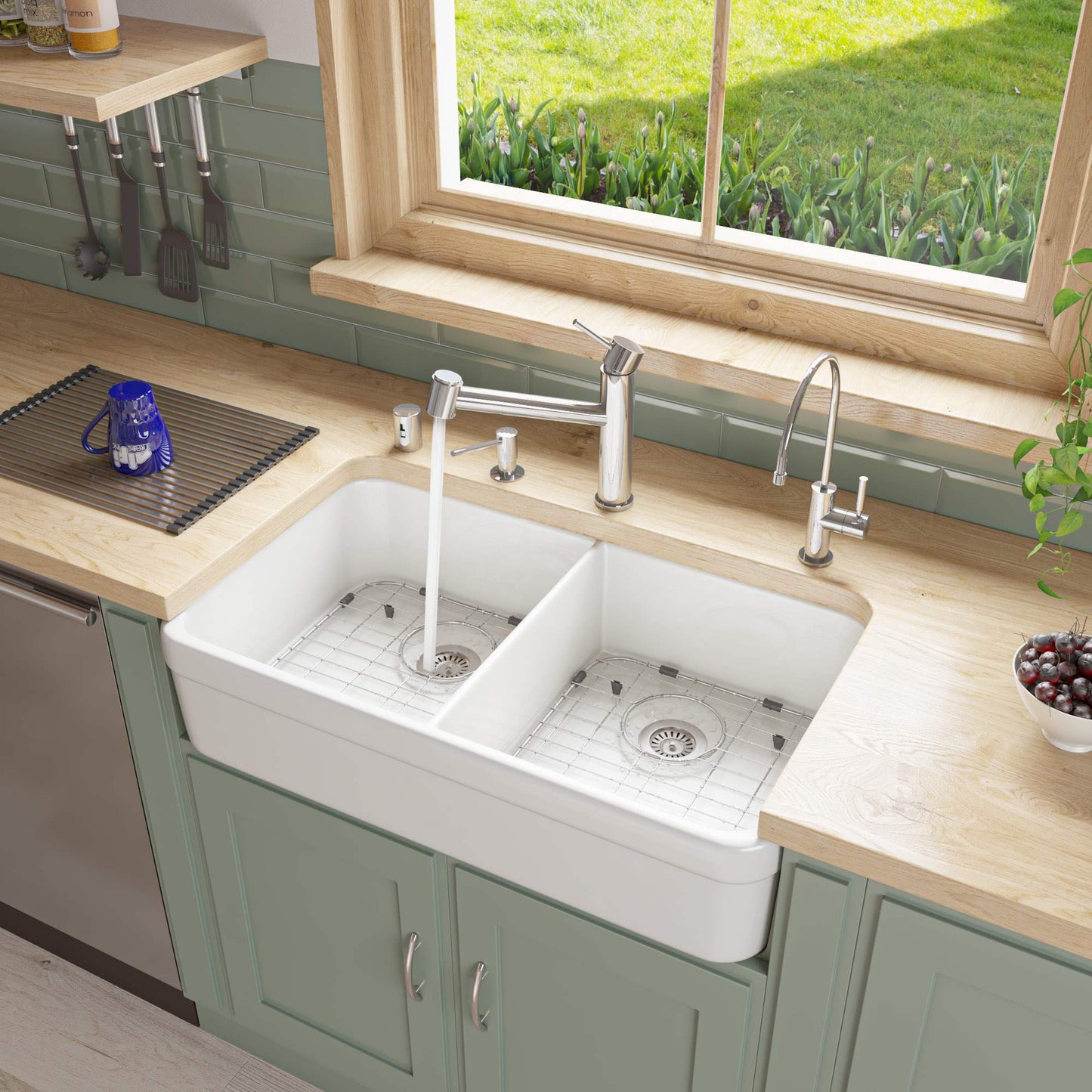 ALFI AB512-W White 32-in Double Bowl Lip Apron Fireclay Farmhouse Kitchen Sink with 1 3/4-in Lip