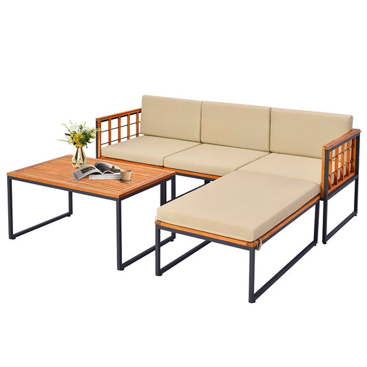 Boyel Living 5 Piece Patio Furniture Set Acacia Wood Sectional with Beige Cushions Heavy-duty Metal Frame