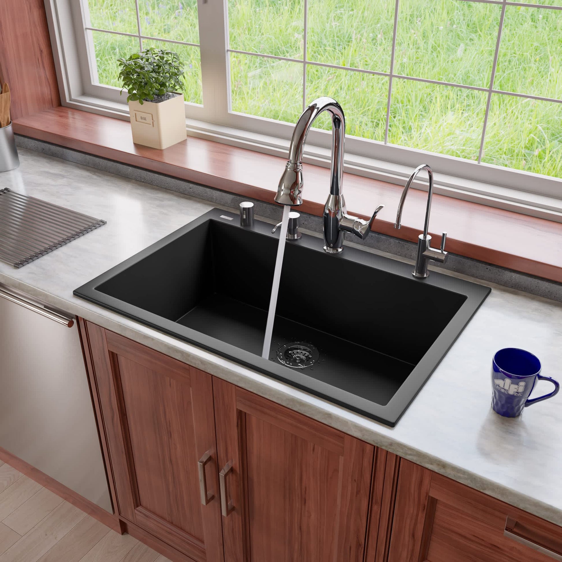 ALFI AB3322DI-BLA Black 33-in Single Bowl Drop In Granite Composite Kitchen Sink