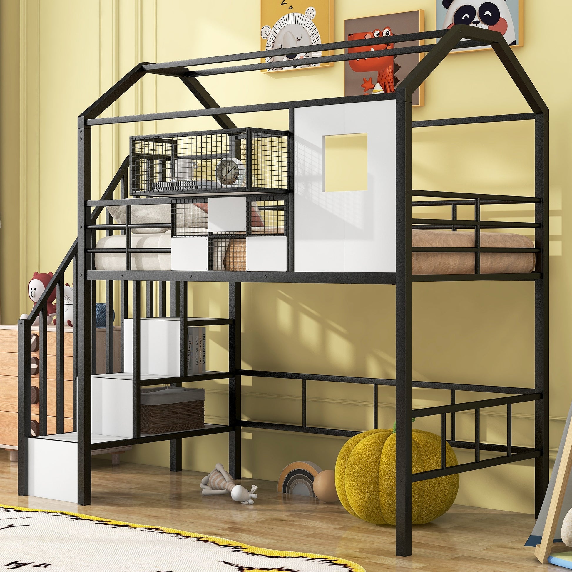 LOVMOR Metal Loft Bed with roof design and a storage box  Twin  Black